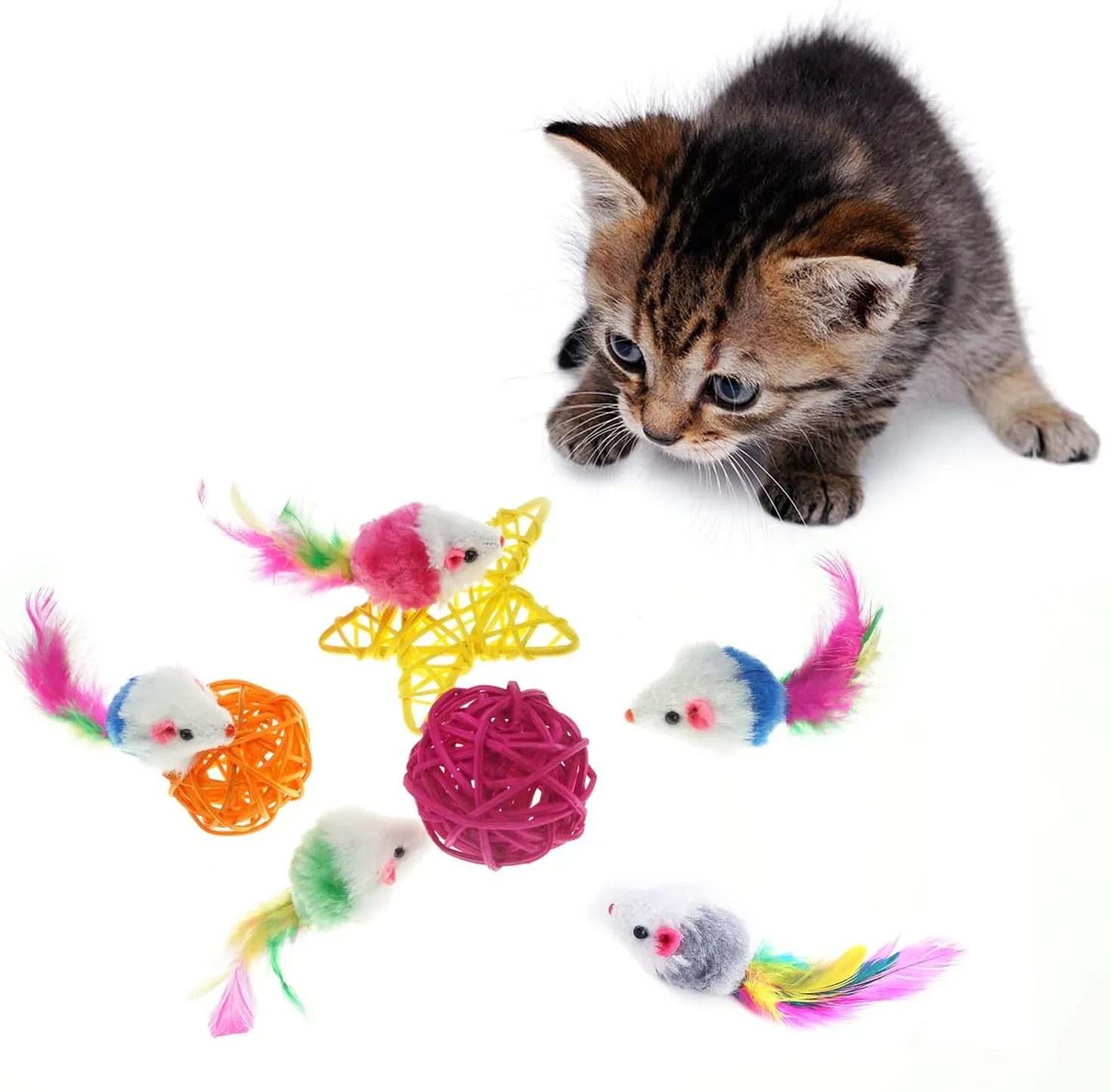 Furry Feather-Tailed Mouse Toys – Pack of 10